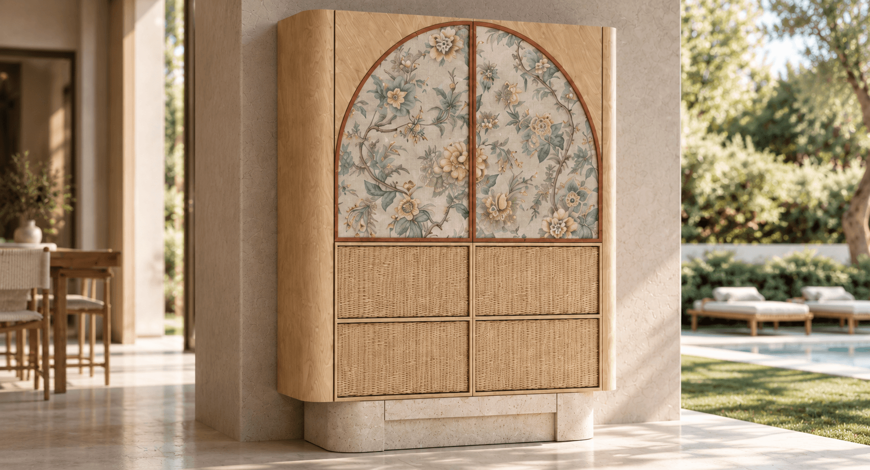 Sunna en madera natural, rafia y tejido floral