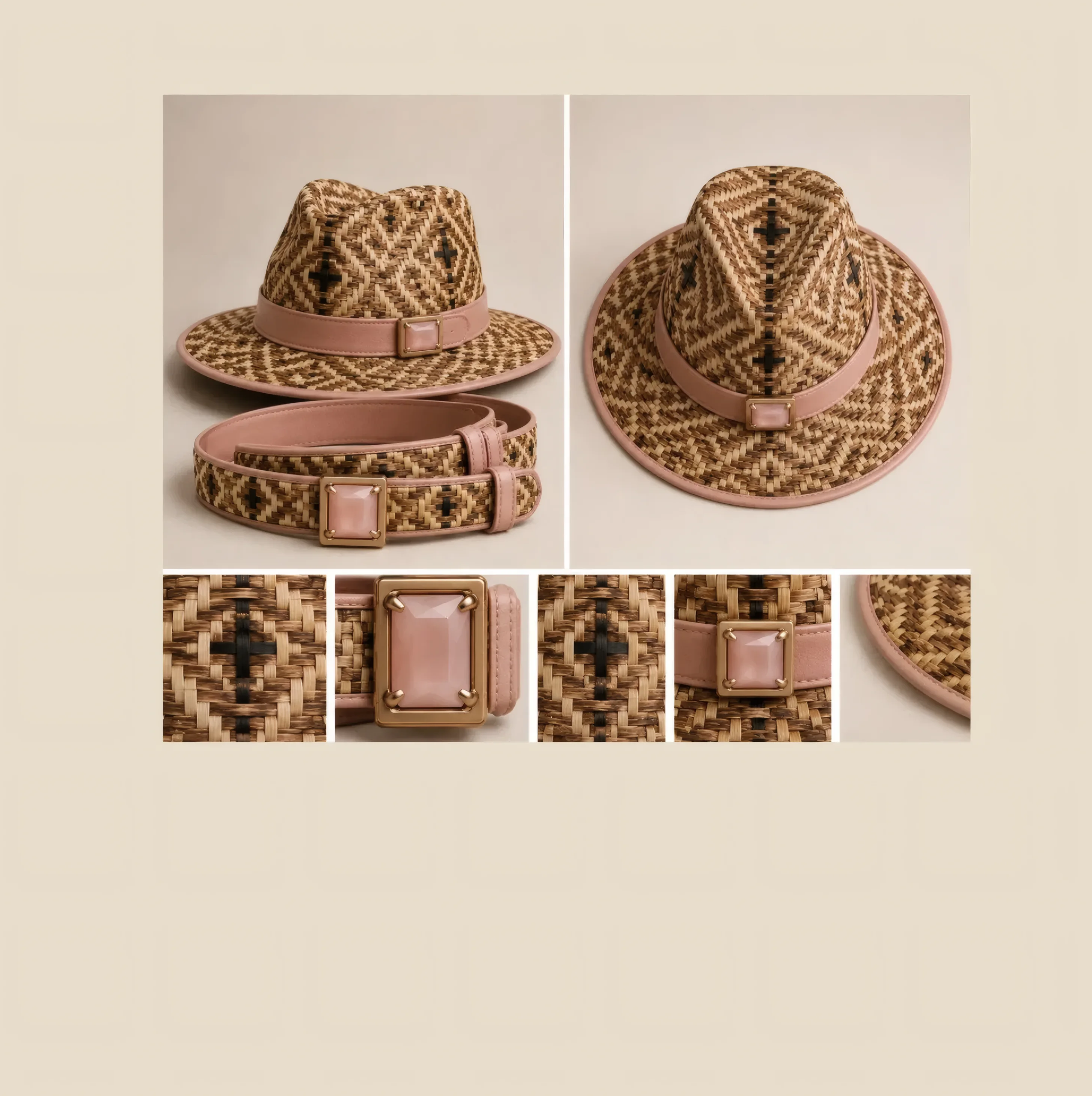 Sombrero y cinturones de palma trenzada, con hebilla de cuarzo rosa