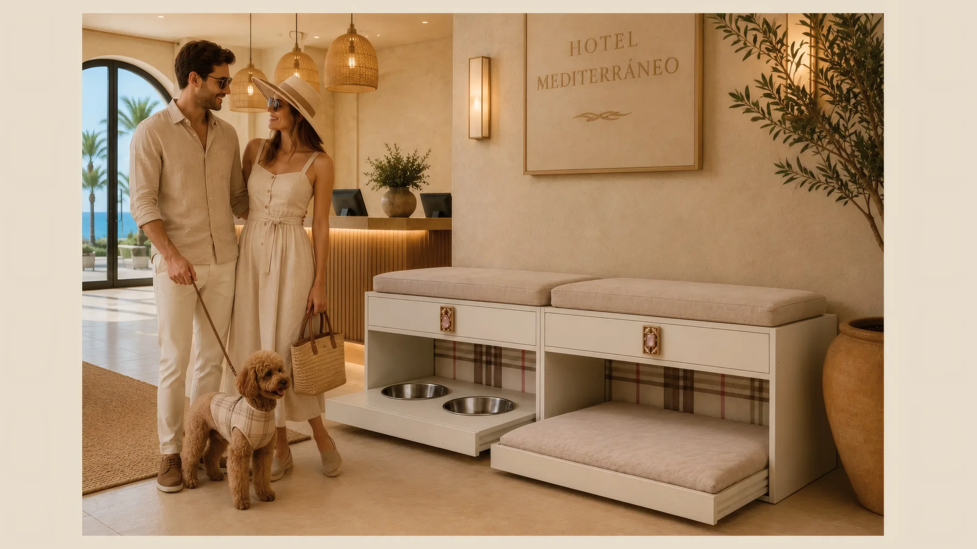 Clifford marfil en la recepción de un hotel, con una pareja y su perro