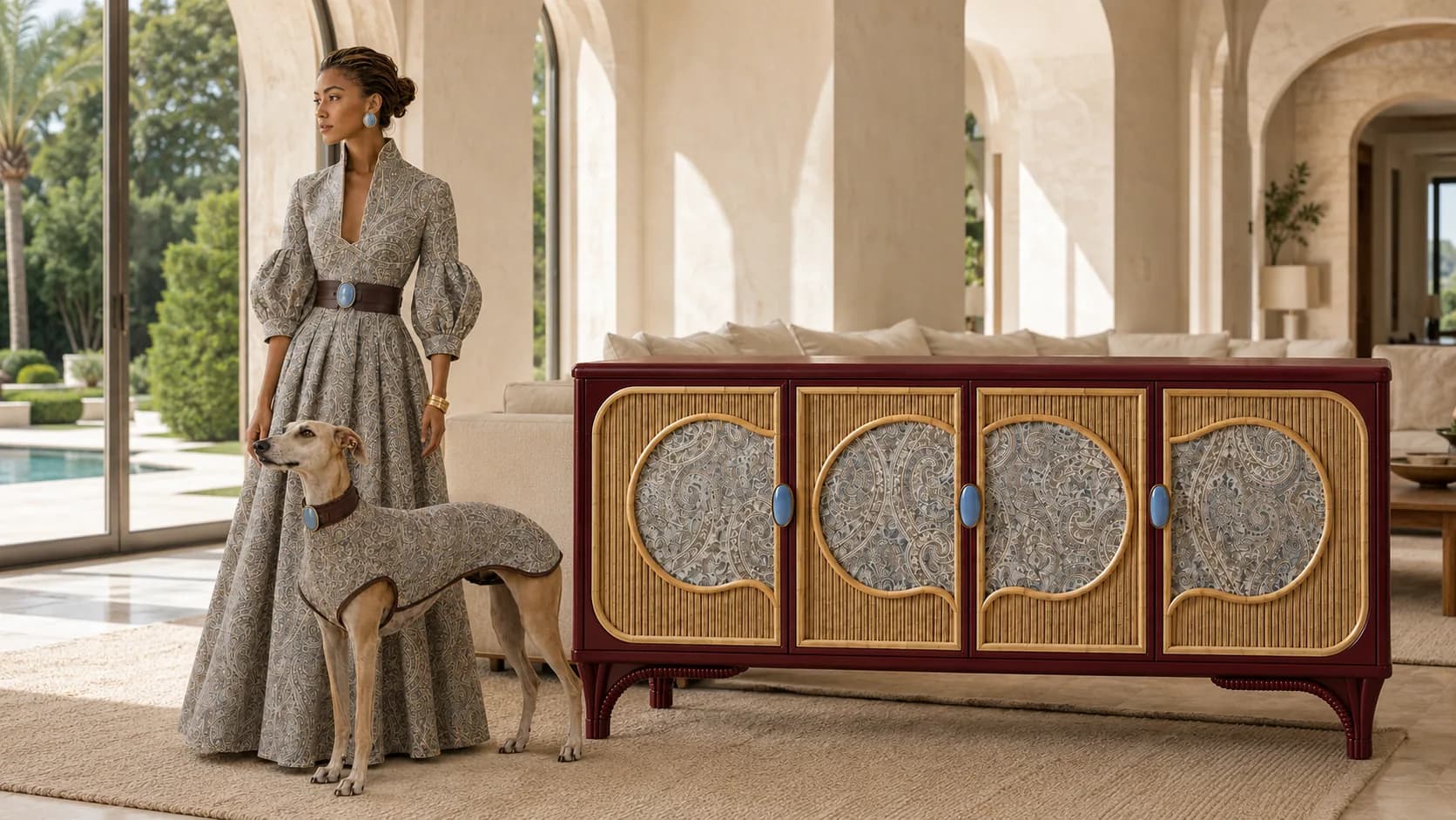 Modelo con vestido de cachemir y su galgo junto al aparador Benzaiten en un patio