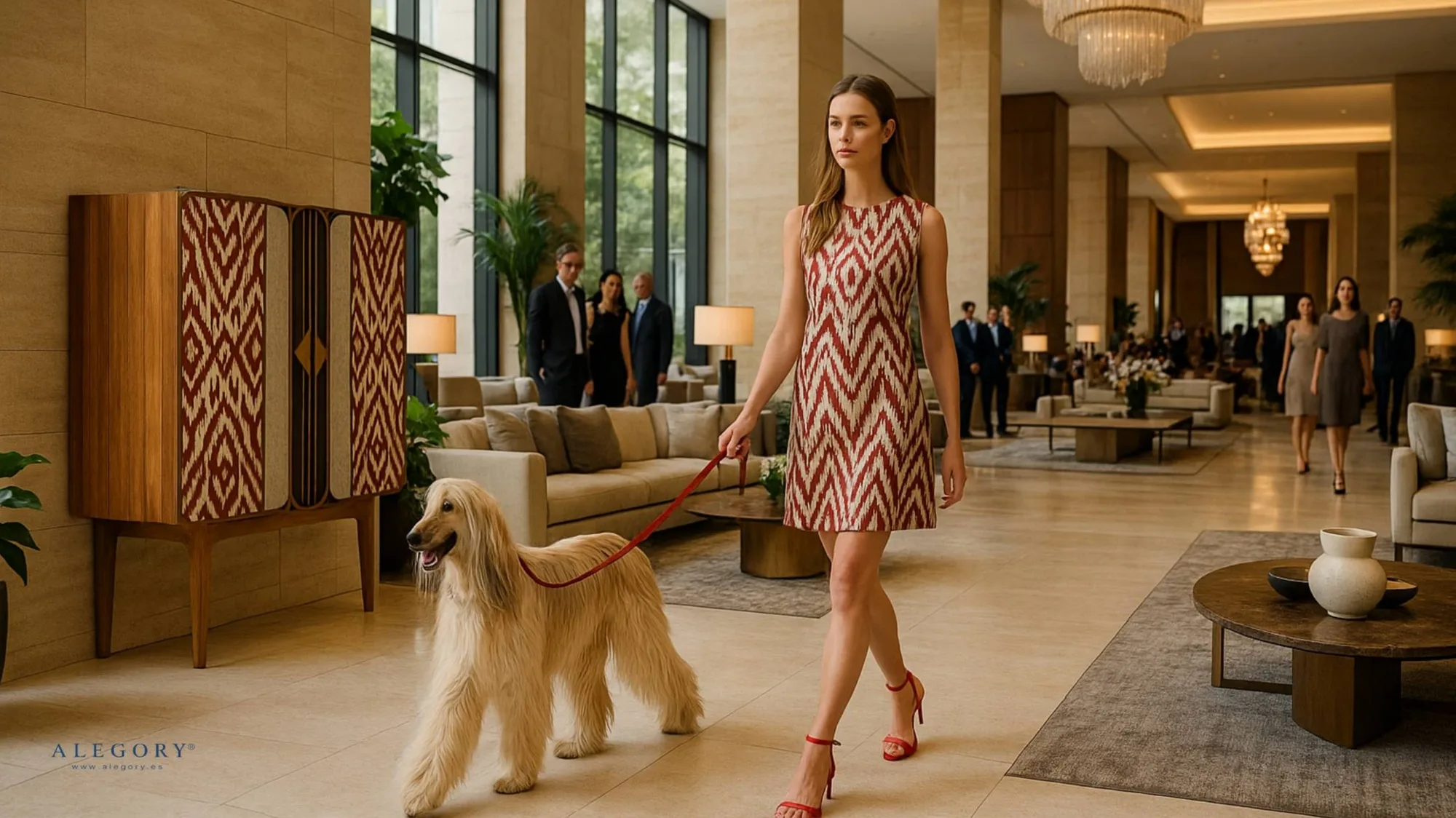 Modelo con vestido del mismo ikat del armario Freya paseando a un galgo afgano por el hall