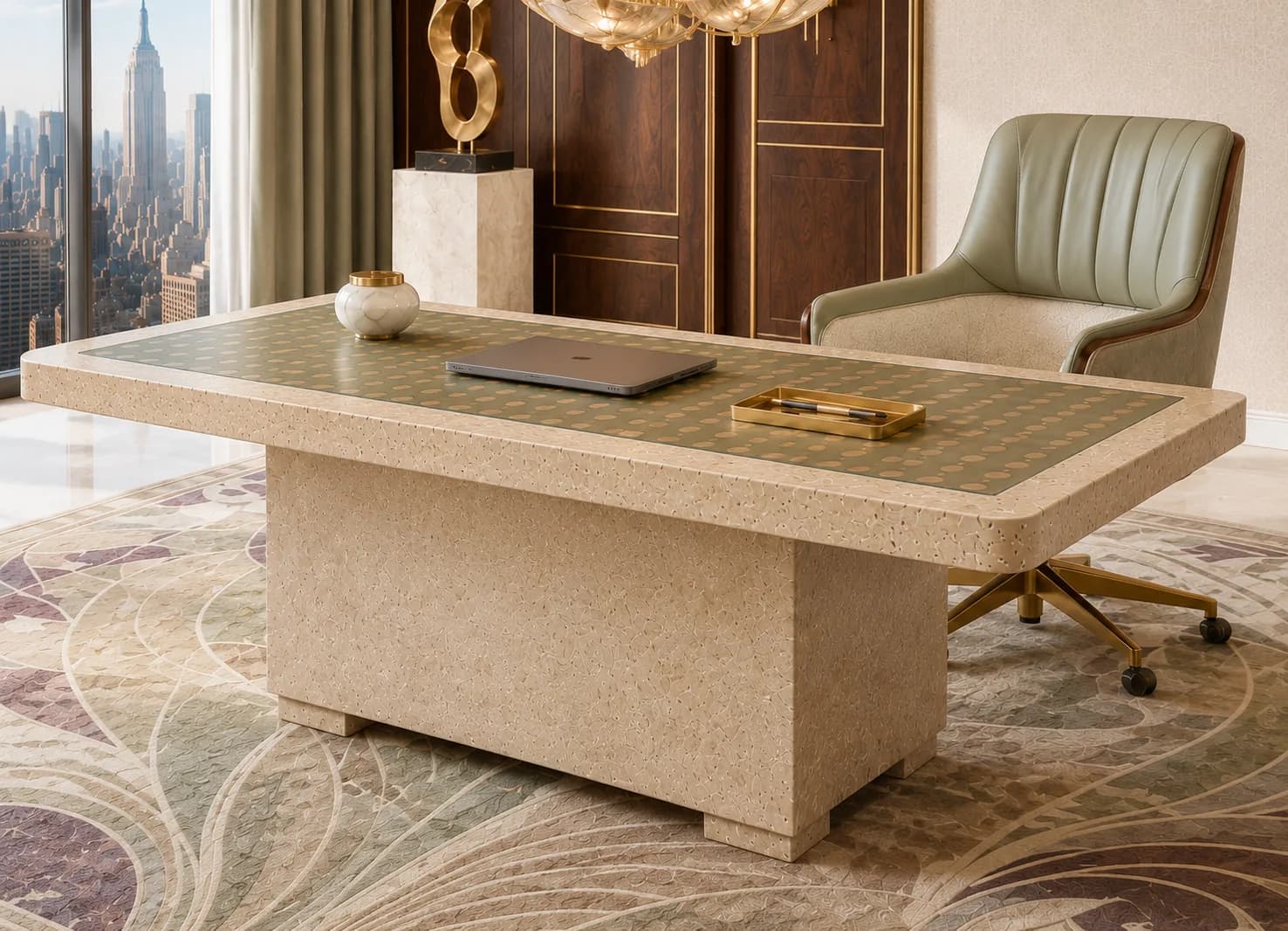 Escritorio Eos con tapa de relieve y sillón verde