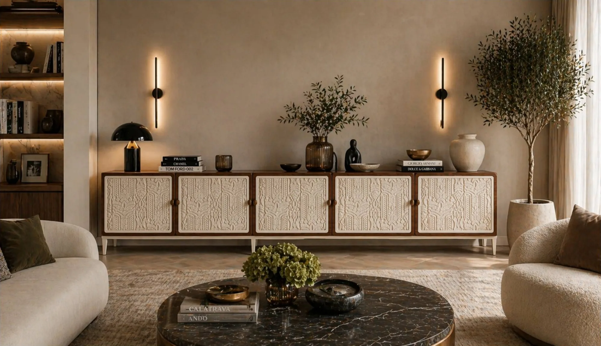 Aparador Eos en un salón, con su frente tallado en relieve