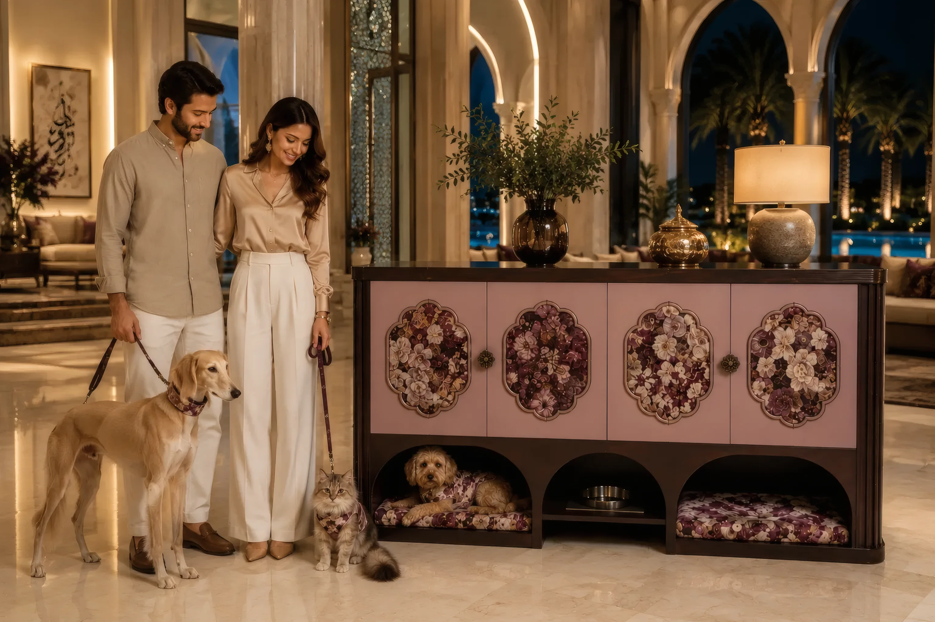 Pareja con su golden retriever junto al aparador Ganesha, con la alcoba del perro bajo el mueble