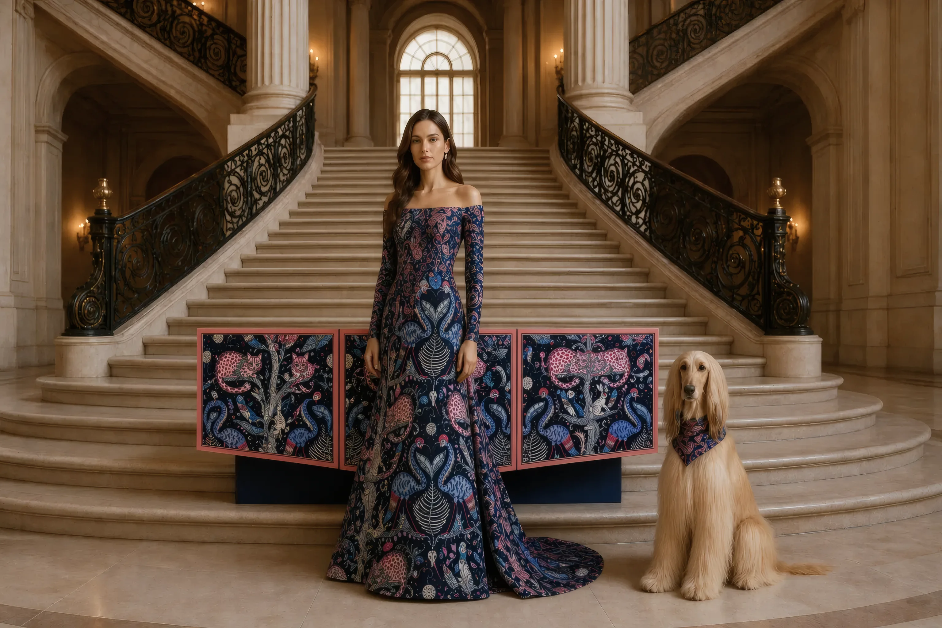 Modelo con vestido del estampado Selene y su galgo afgano junto al aparador, en una escalinata