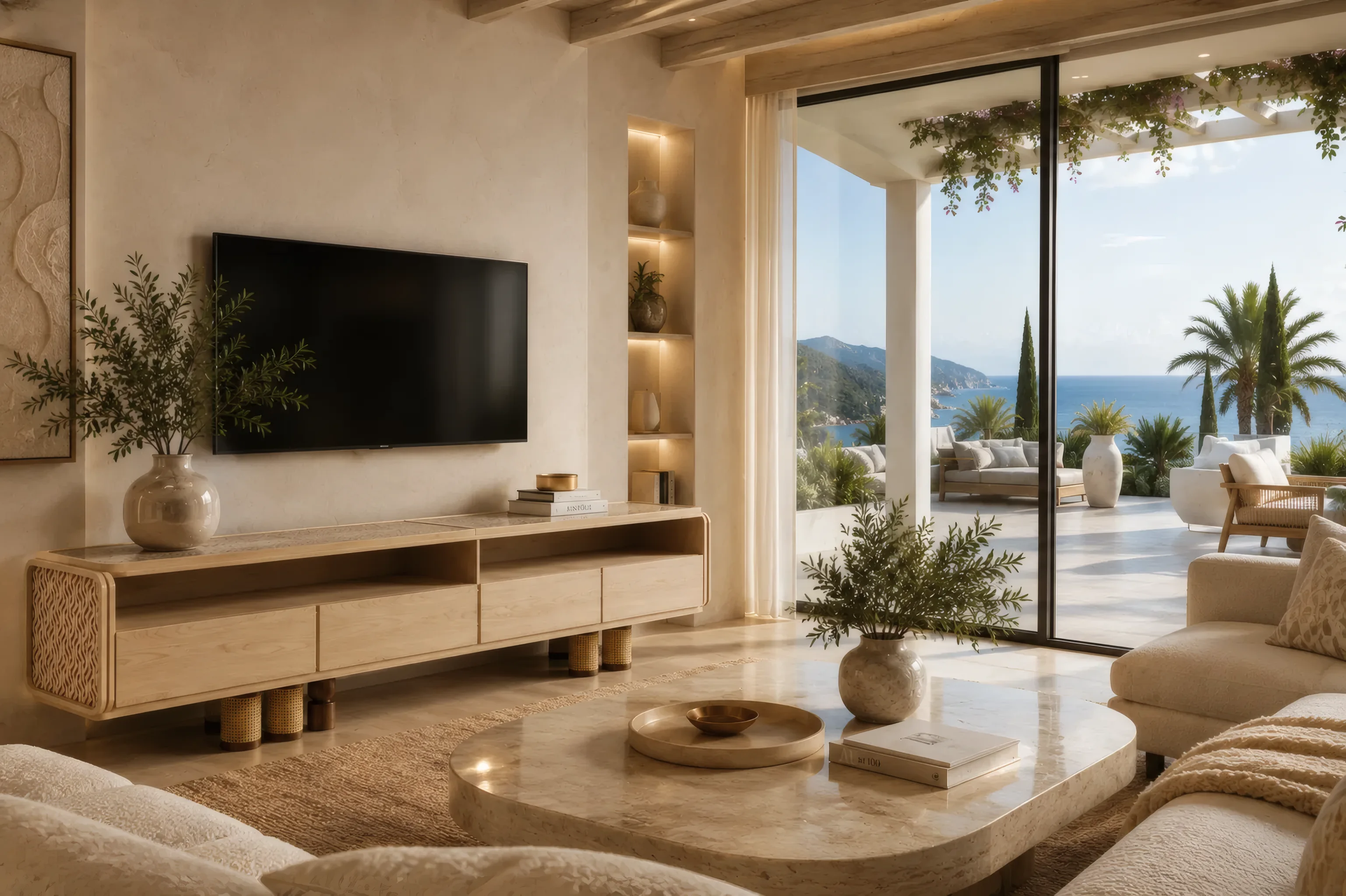 Mueble de televisión Vesta en un salón con vistas al mar